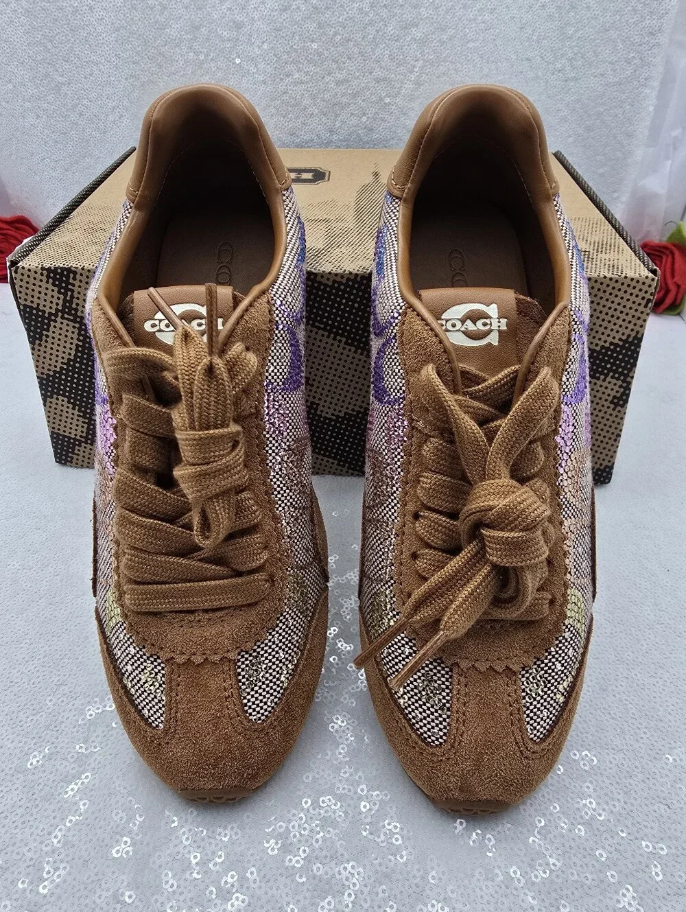 Coach Pastel Crystal Signature Jacquard suede Leather Streamlined Sneaker Sz 5